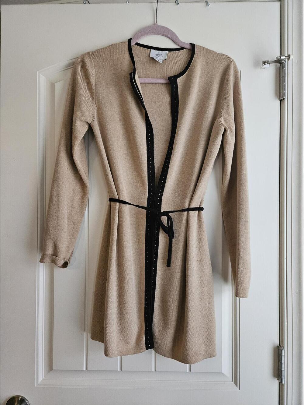 Anne Taylor The Loft Knit Long Sleeve Cardigan with Black Trim and Belt Size M